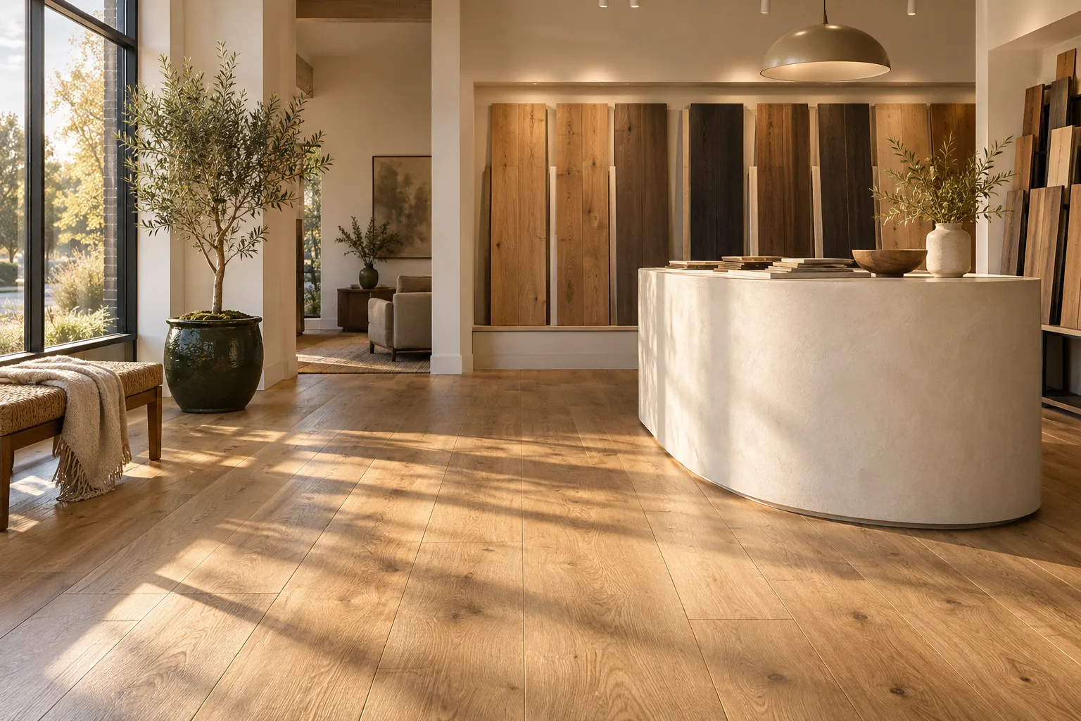 Warm oak flooring and material samples in an independent flooring showroom